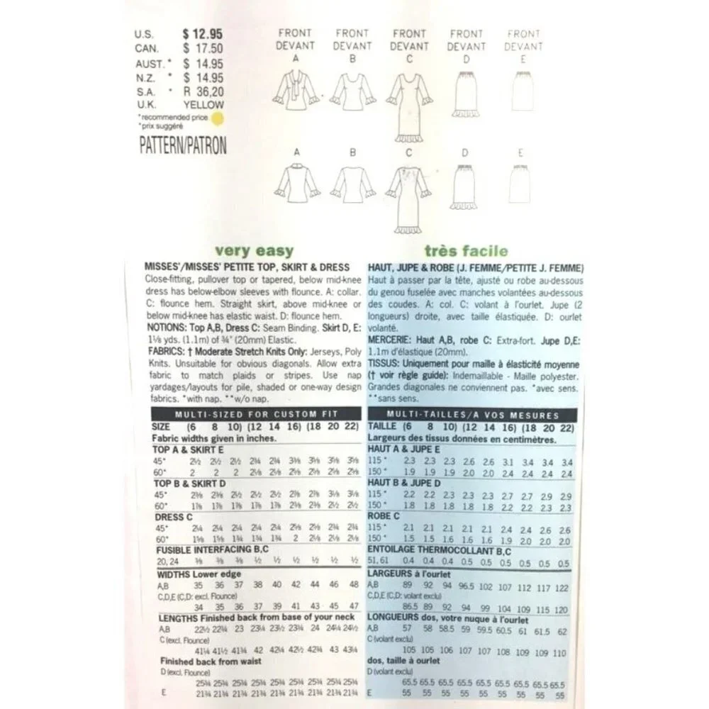 Butterick Sewing Pattern 3189 Misses Top Skirt‎ Dress Size 6-10